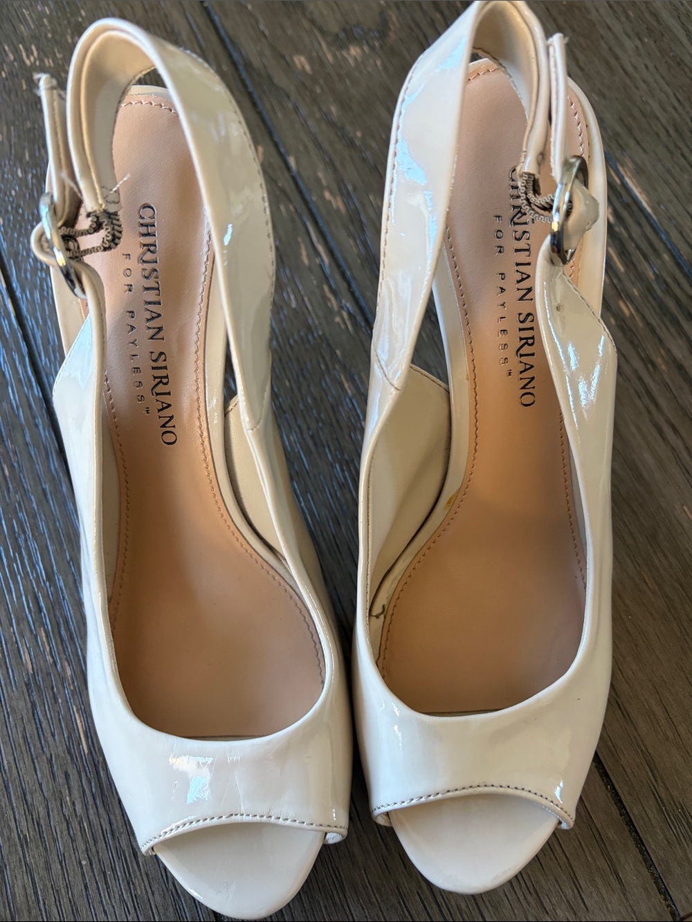 Christian Siriano Cream Patent Peep-Toe Slingback Heels